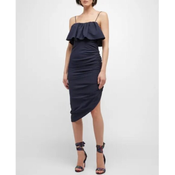 CINQ À SEPT 'Christa' Ruched Ruffle-Overlay Midi-Dress, Navy Blue - Picture 1 of 3